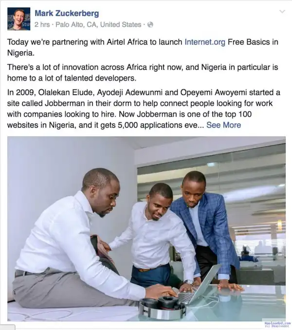 Mark Zuckerberg Commends Jobberman Founders As Internet.org Free Basics Launches In Nigeria